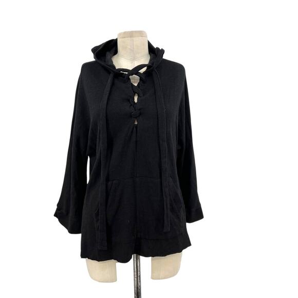 Monrow Black Lace-Up Neckline Hooded Flared Sleeve Sweatshirt Size XS - Picture 1 of 10